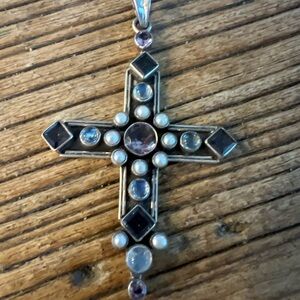 Nicky Butler-Elegant sterling Silver, pearl and Amethyst Cross Pendant